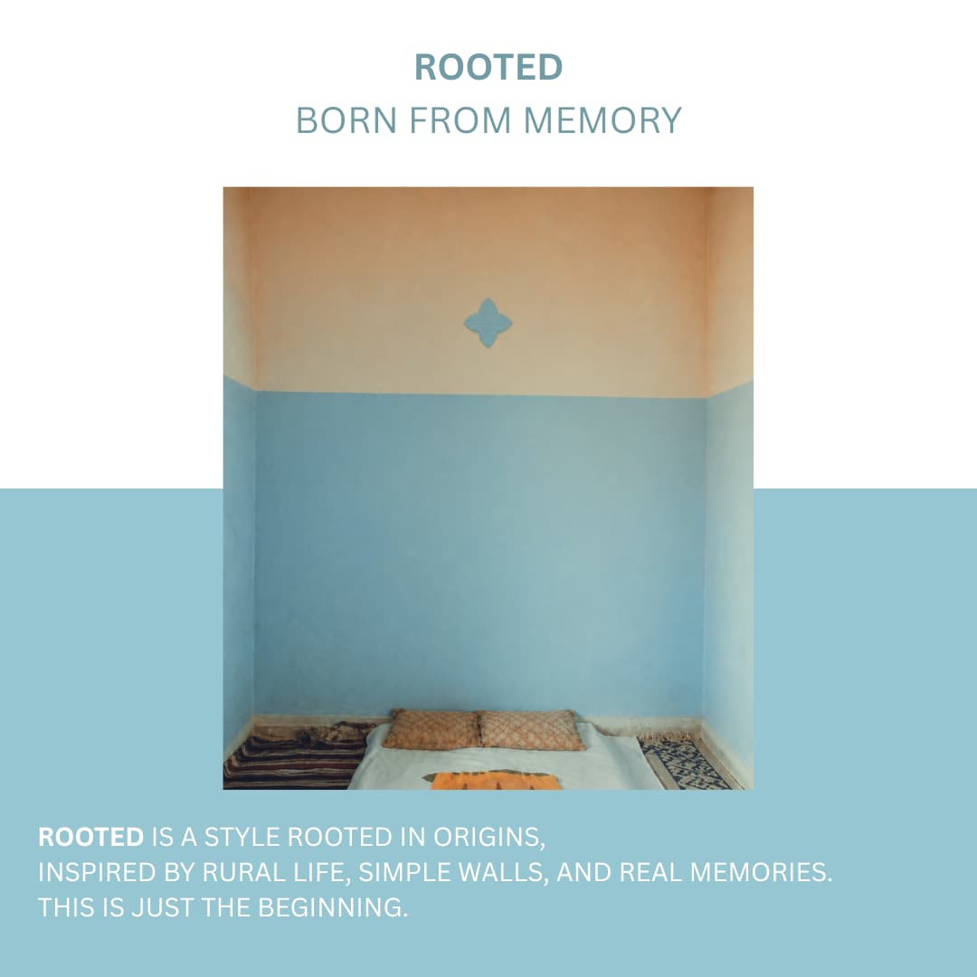 A ROOTED campaign image reading "Born From Memory" over a photo of a two-tone blue Moroccan bedroom with a floor mattress and cushions.