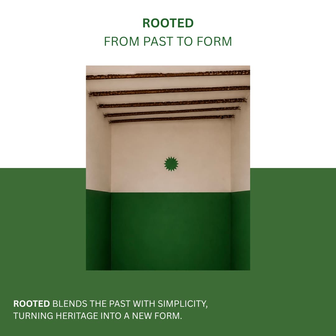 A ROOTED campaign image reading "From Past To Form" over a photo of a green two-tone room with a wooden beam ceiling.