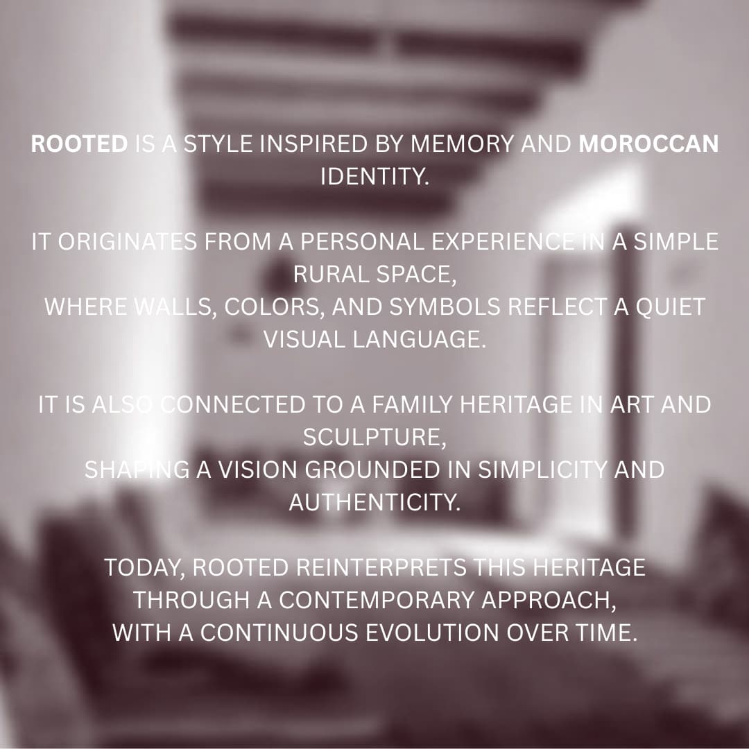 A ROOTED manifesto text panel over a blurred photo of a room interior.