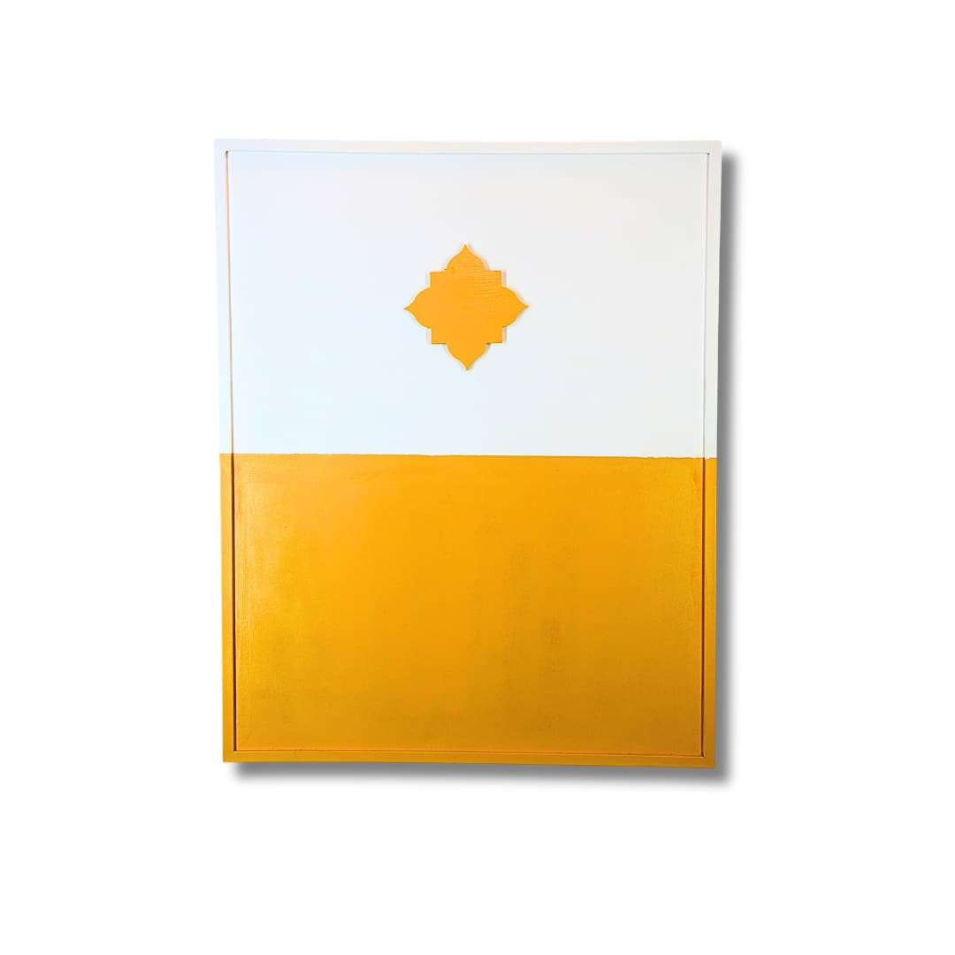 A two-tone cream and sky-blue panel with a small four-petal Moroccan motif cut into the surface.