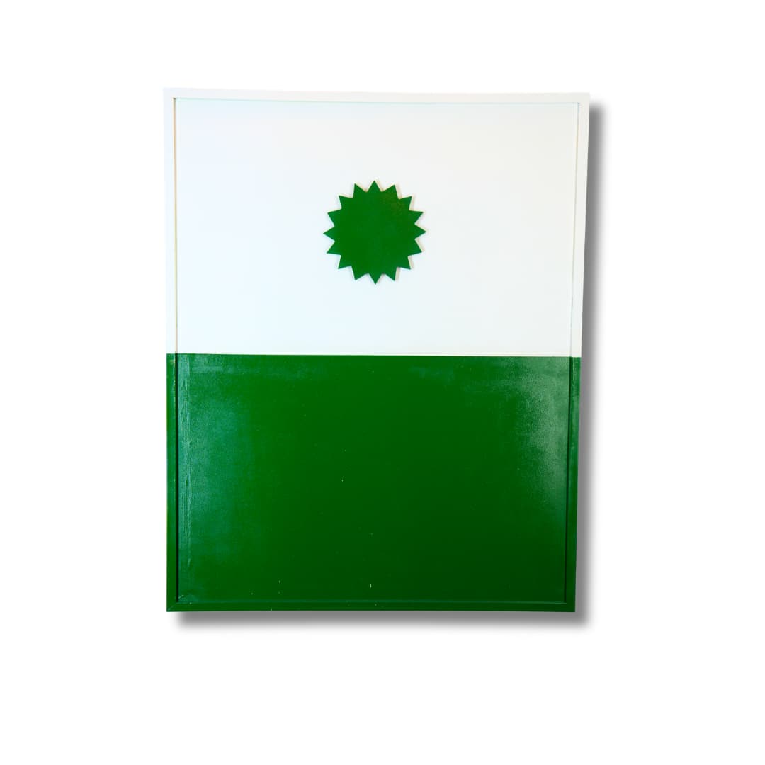A two-tone white and mustard-yellow panel with a small pointed star motif cut into the surface.